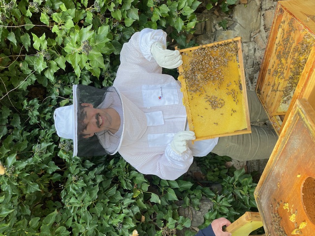 Imker Tobias mit Honigwabe